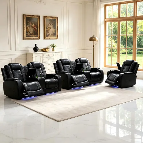 Vista 19 de Juego de sofás reclinables eléctricos, juegos de muebles de sala de estar, sofá reclinable eléctrico moderno negro, sofá biplaza y silla