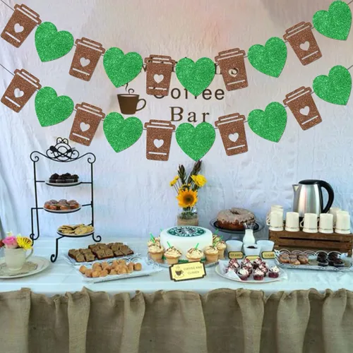 Vista 6 de Cartel de barra de café verde, guirnalda de taza con purpurina y corazón, pancarta con leche para cumpleaños, despedida de soltera, compromiso
