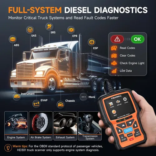 Vista 3 de FOXWELL Escáner de camión resistente HD301, herramienta de escaneo diesel de sistema completo con 6/9/16 pines, lector de código 2 en 1