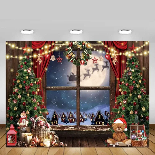 Vista 5 de MEHOFOND Telón de fondo de Navidad para fotografía de invierno, Papá Noel, árbol de Navidad, decoración de regalo de nieve, fiesta, Año Nuevo, fondo