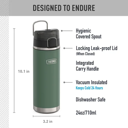 Vista 2 de THERMOS ICON SERIES, botella de agua de acero inoxidable con boquilla, 24 onzas, color verde alpino, botella de agua aislada al vacío con tapa