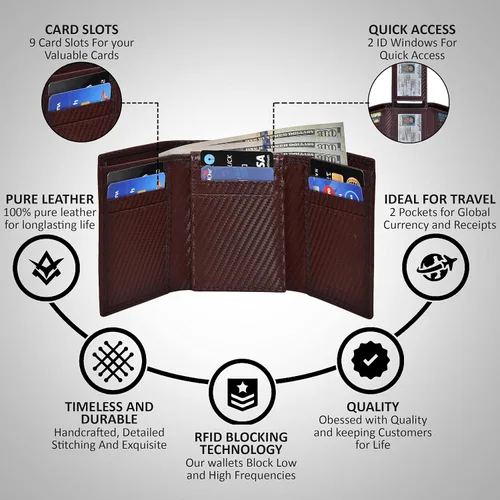 Vista 16 de Cartera de cuero RFID hecha a mano para hombres, elegante cartera de bolsillo frontal triple con 2 ranuras para identificación y 9 tarjetas, Azul
