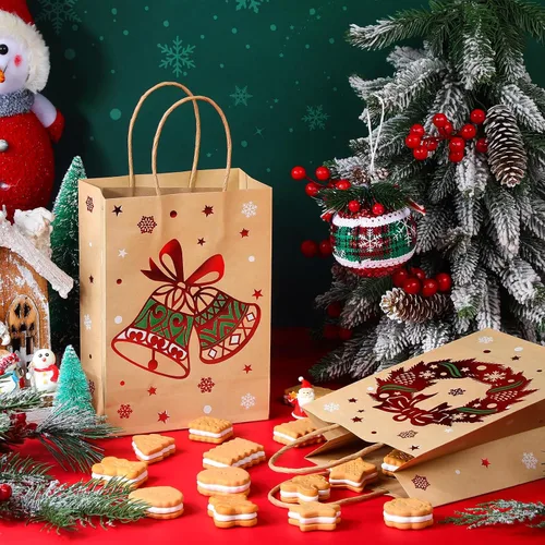 Vista 4 de Yeaqee 80 piezas - bolsas de regalo de Navidad - tamaño pequeño - Merry Christmas Xmas - bolsas de regalo de Navidad con asas - bolsas de papel