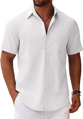 Vista 22 de COOFANDY Camisa de manga corta con botones para hombre, casual, de algodón, para verano, playa, lino, para boda, con bolsillo