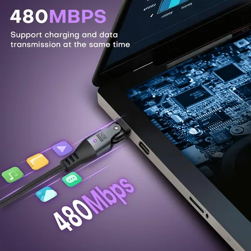 Vista 4 de Cable USB C a C de 3.3 ft, negro, rotación 540, 240 W, PD, carga rápida, transferencia de datos de 480 Mbps, cable de carga tipo C con chip
