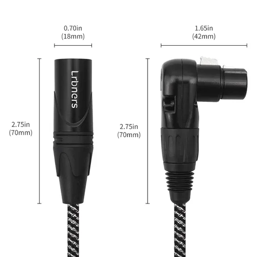 Vista 3 de Cable XLR de ángulo recto hembra a macho de 1.5 pies, cable adaptador XLR de 3 pines de 90 grados, conectores de bloqueo de aleación de zinc, doble