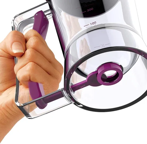 Vista 3 de Herramienta dispensadora de masa para panqueques, crepes, gofres con etiqueta de medición, soporte de mango para apretar (morado)