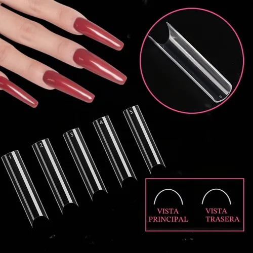 Vista 3 de 500 puntas de uñas postizas transparentes extra largas con curva C, puntas de uñas postizas acrílicas XXL con bolsa para salón de uñas y bricolaje