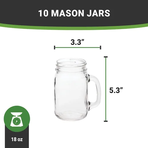 Vista 5 de Restaurantware Tarros Mason de 18 onzas con asa, 10 tazas de tarro Mason aptas para lavavajillas, resistentes a los arañazos, tarros de vidrio