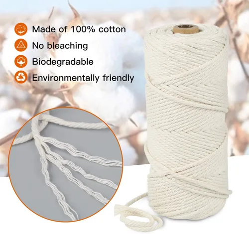 Vista 3 de Cordón de algodón para macramé, hilo torcido de 4 capas, cuerda de algodón natural, suministros perfectos de macramé, para hacer soportes colgantes