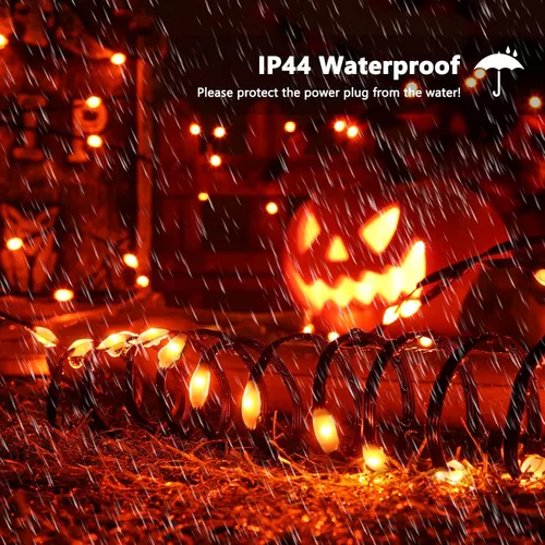 Vista 7 de Brizled Luces de Halloween para exteriores, 72 pies, 200 luces LED naranjas conectables para interiores, 8 modos de luces naranjas de Halloween