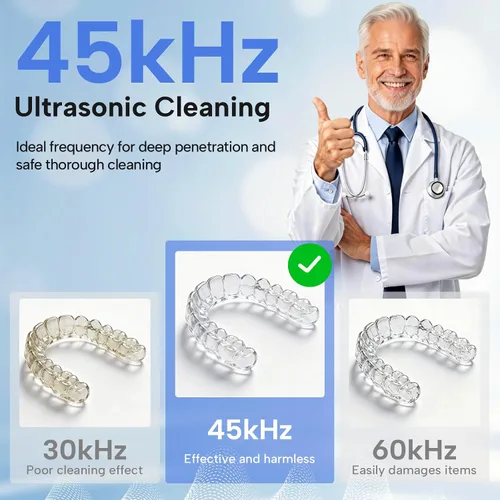 Vista 6 de Limpiador ultrasónico de retenedor-45 kHz, 4 modos de limpieza ultrasónica para dentaduras, alineadores, protectores bucales, frenos, cepillo