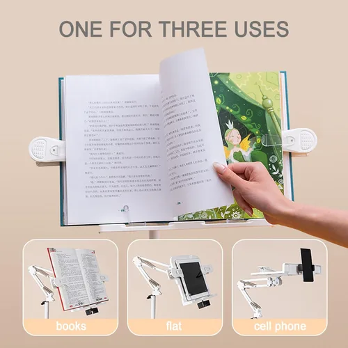 Vista 3 de Buhelyc Soporte de libro para cama, luz de libro y 2 clips de resorte, con soporte para teléfono, soporte de música de mesa de brazo largo, ángulo