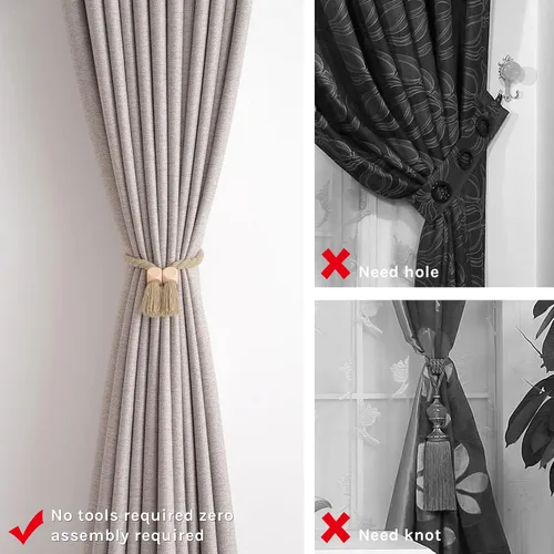 Vista 2 de NICEEC 2 Pack de alzapaños de madera con cubo magnético para cortinas, decoración bohemia para el hogar, lazos de cortina tejidos a mano de algodón
