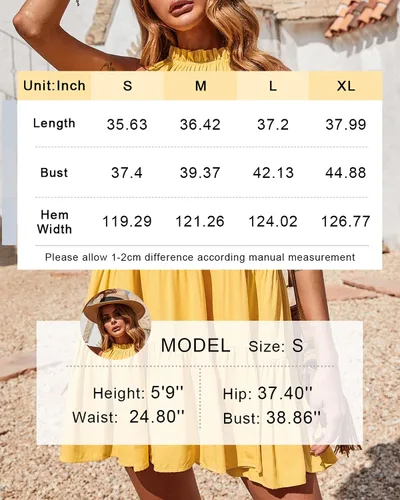 Vista 9 de Okiwam - Vestido de verano para mujer sin mangas y con cuello halter, vestido estilo bohemio vaporoso y plisado, minivestido de cóctel holgado