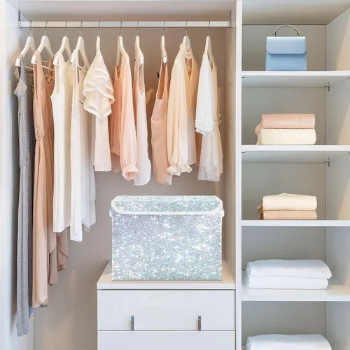 Vista 6 de Ollabaky Contenedor de almacenamiento plegable más grande con purpurina brillante, caja de almacenamiento decorativa de tela, organizador de cubos
