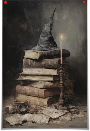 Vista 4 de Póster de lienzo vintage de Halloween de Academia oscura gótica, victoriana, bruja, arte de pared espeluznante casa embrujada, arte abandonado