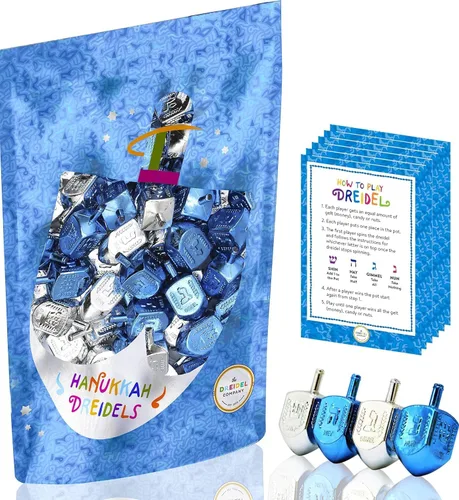 Vista 5 de The Dreidel Company Paquete de 10 Dreidels de Plástico Metálico Plateado y Azul de Hanukkah con Traducción al Inglés, Peonzas Incluye Tarjeta