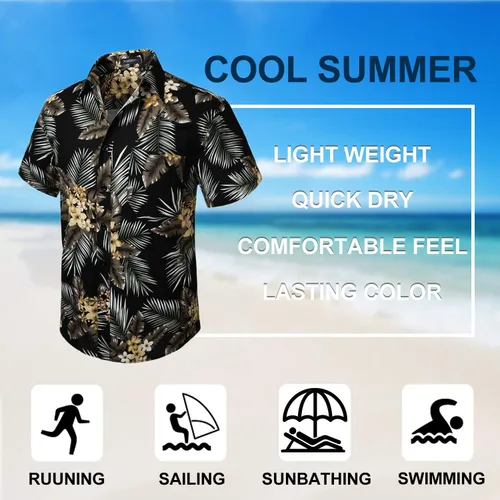 Vista 5 de Camisas hawaianas de manga corta para hombre, camisa Aloha casual con botones tropicales hawaianos florales de verano para fiesta en la playa