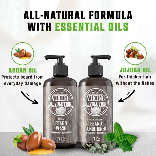 Vista 5 de Best Deal Juego de acondicionador para barba con aceite de argán y jojoba, suaviza y fortalece menta natural y aroma a eucalipto, champú para barba
