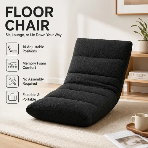 Vista 5 de Silla de suelo ajustable con espuma viscoelástica, silla plegable para juegos con soporte para la espalda, cama reclinable acolchada, tumbona