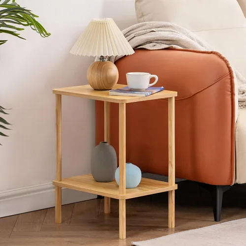 Vista 11 de Apicizon - Mesa auxiliar de 2 niveles, pequeña mesa auxiliar con patas de madera maciza, mesa de noche estilo boho con estante de almacenamiento