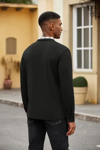 Vista 4 de COOFANDY Polo de manga larga para hombre, estilo casual, con botones, a cuadros, cuello de golg, con bolsillo