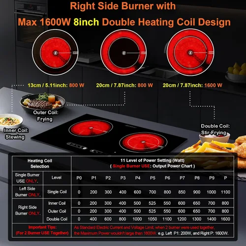 Vista 2 de Diseño de doble bobina de cocina de 2 quemadores, placa eléctrica de cerámica de 1800 W para cocinar, encimera portátil de doble quemador infrarrojo
