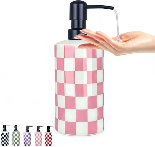 Vista 11 de Dispensador de jabón de manos, dispensador de jabón de baño con bomba de acero inoxidable, botellas de loción de loción de cerámica en blanco y Negro
