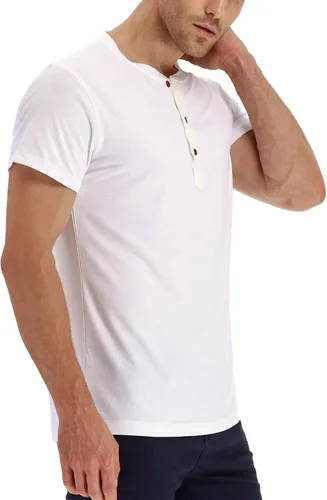 Vista 5 de PEGENO Camisetas Henley de manga corta y larga con solapa frontal casual para hombre, camisas de algodón