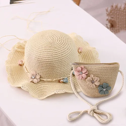 Vista 4 de Sombrero de paja para bebé niña + bolsa de playa para niñas, sombrero de paja para niños, sombrero, sombrero de flores para niños