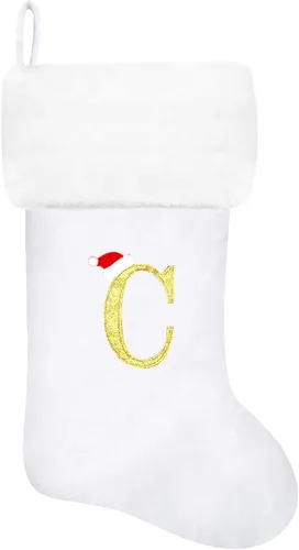 Vista 109 de Calcetines de Navidad bordados de 20 pulgadas con monograma, terciopelo negro con puño de felpa blanca supersuave, adornos clásicos para decoración
