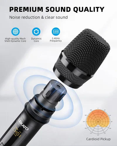 Vista 2 de LEKATO Micrófono inalámbrico, sistema de micrófono dinámico inalámbrico de mano dual recargable de 2.4 GHz con receptor de 1/4 pulgadas, micrófono