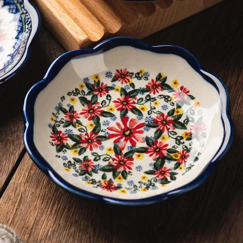 Vista 5 de Sizikato 4 platos de porcelana para aperitivos, plato de salsa de 4 pulgadas, patrón de flores exóticas