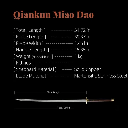 Vista 6 de Qiankun Miao Dao, hoja martensítica de acero inoxidable de 39.37 pulgadas, mango largo y vaina de acabado oscuro, espada tradicional china de Miao
