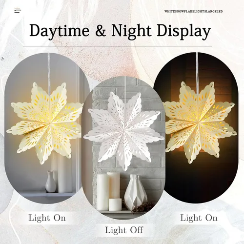 Vista 5 de 10 piezas de linternas de copo de nieve de papel de Navidad, grandes linternas de papel de estrella de Navidad con luces LED, adornos blancos