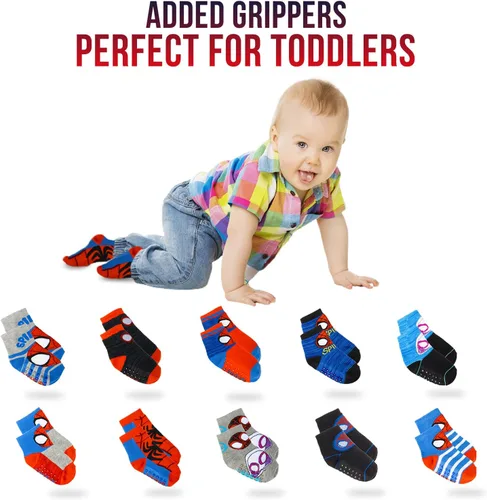 Vista 2 de Marvel Calcetines Spiderman Grip, paquete de 10, niños pequeños, longitud al tobillo, multicolor, S
