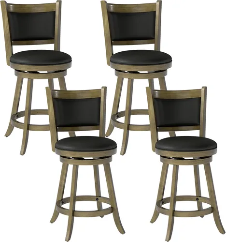 Vista 16 de COSTWAY Juego de 2 taburetes de bar, giratorios de 360 grados, taburete giratorio de madera con acento de altura, diseño tapizado de cuero, asiento