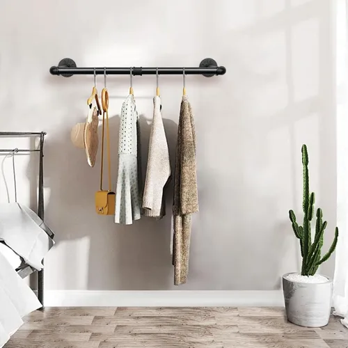Vista 8 de Perchero Industrial de Tubo de Hierro para Colgar Ropa, Barra de Ropa Montada en Pared DIY, Estante de Ropa de Alta Resistencia para Dormitorio Negro