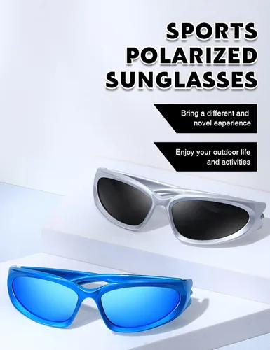 Vista 6 de MASDUN Gafas de sol polarizadas envolventes vintage de moda para hombres y mujeres, gafas de sol futuristas para deportes al aire libre UV400