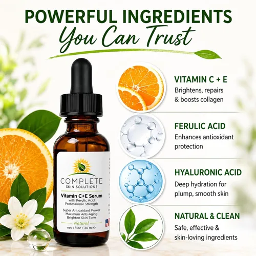Vista 6 de Suero natural de vitamina C E con ácido ferúlico, 1 oz Ácido hialurónico