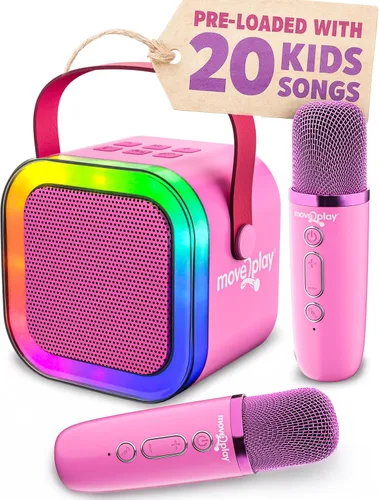 Vista 8 de Move2Play, Mini máquina de karaoke para niños Más de 20 canciones integradas Altavoz Bluetooth con micrófonos Efectos de voz Juguete musical
