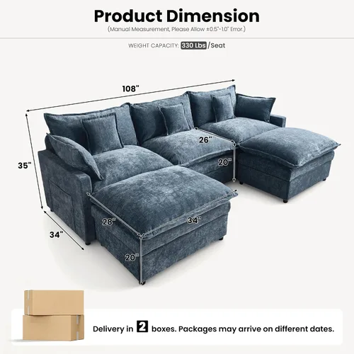 Vista 9 de ovios Sofá modular Cloud de 108 pulgadas, sofás modulares en forma de U de 5 plazas con 2 otomanas, cómodos sofás de felpilla con 5 almohadas