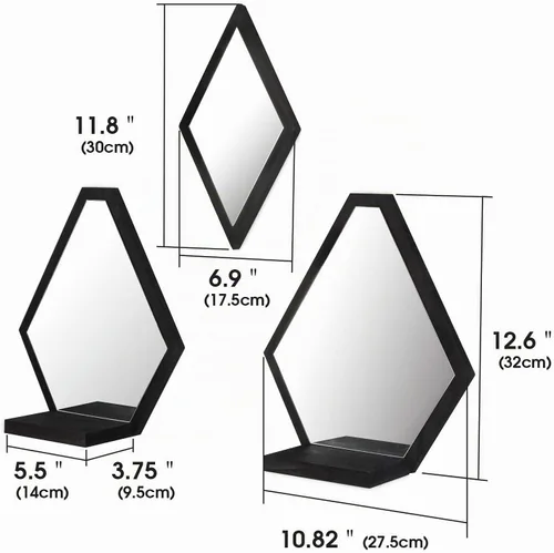 Vista 6 de JACKCUBE MK689A - Juego de 3 espejos decorativos de pared de madera rústica geométrica con estante para dormitorio, baño, sala de estar, cocina