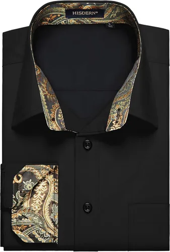 Vista 2 de HISDERN Mens Inner Contrast Casual Shirts Formal Classic Button Down Dress Shirt Long Sleeve Printed Regular Fit Shirt