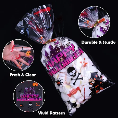 Vista 5 de JMANNI Bolsas de Celofán para Dulces de Halloween, 120 piezas Bolsas de Plástico Transparente para Halloween, Bolsas de Dulces con Murciélagos