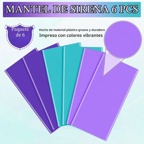 Vista 4 de Paquete de 6 manteles de sirena, manteles de princesa azules y morados, fundas rectangulares de plástico desechables de sirena para cumpleaños