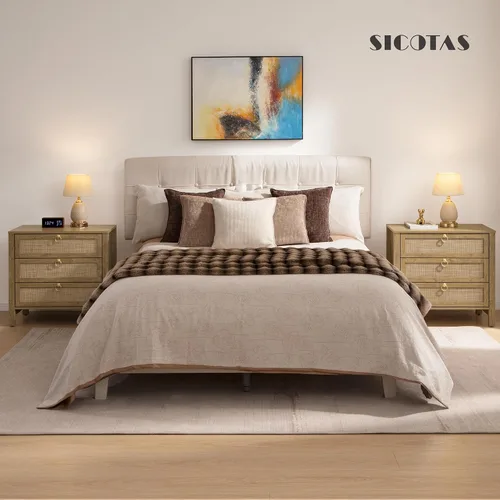Vista 4 de SICOTAS Mesita de noche con cajones, mesa de noche grande de ratán con tirador dorado, mesita de noche de 3 cajones, mesa auxiliar alta, mesa
