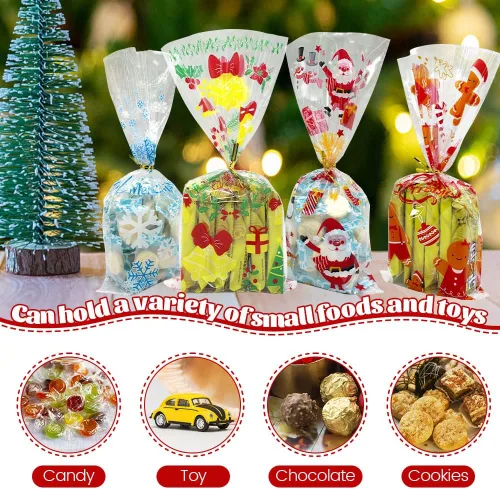 Vista 5 de ZMCINER 120 bolsas de dulces de celofán de Navidad, bolsas de regalo de Navidad con lazos giratorios para suministros de fiesta de Navidad