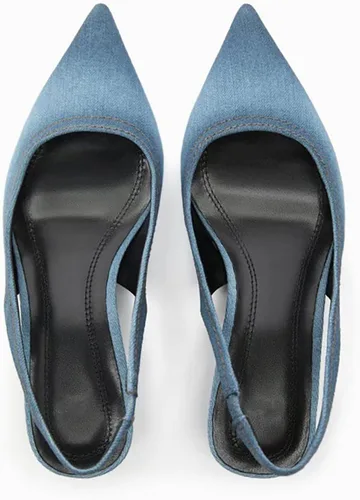 Vista 4 de WENOREG Zapatos de tacón puntiagudo para mujer, cómodos zapatos de tacón bajo de mezclilla, correa trasera elástica, sexy, sin cordones
